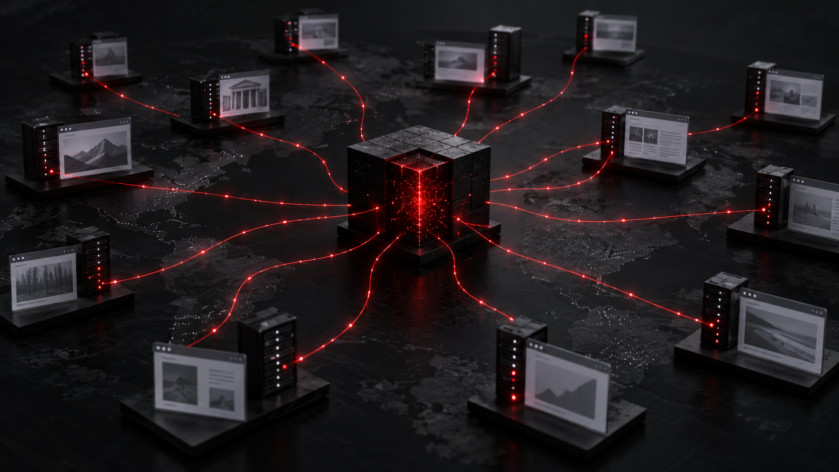 Abstrakte Darstellung eines vernetzten KI-Kernsystems mit roten Datenverbindungen