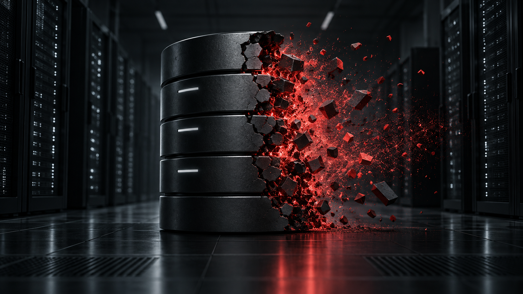 Abstrakte Darstellung einer zerfallenden Datenbank in einem dunklen Serverraum
