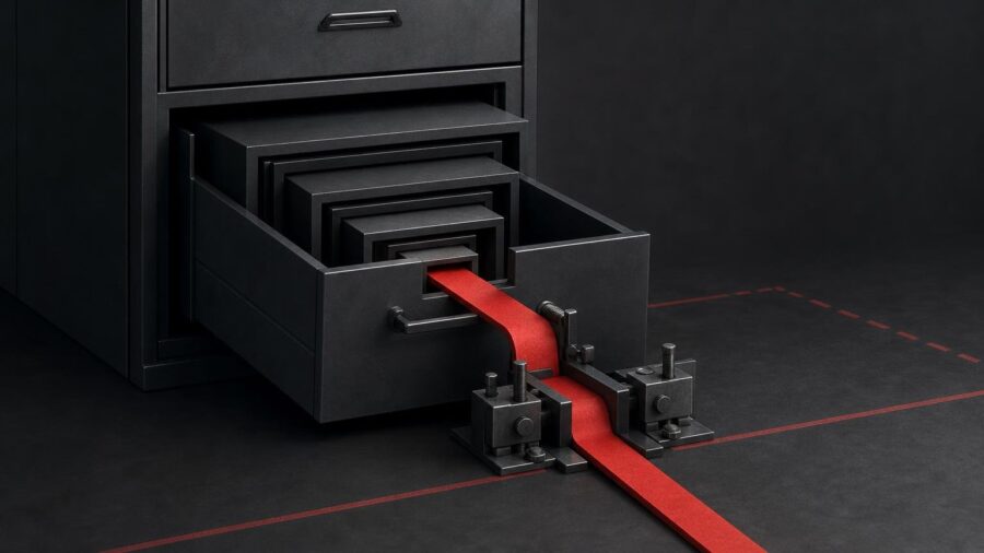 Symbolbild: Ein dunkelgrauer Aktenschrank mit verschachtelten Schubladen, aus dessen Begrenzung ein schmaler roter Dateipfad herausführt und von neuen Sperren eingefasst wird.