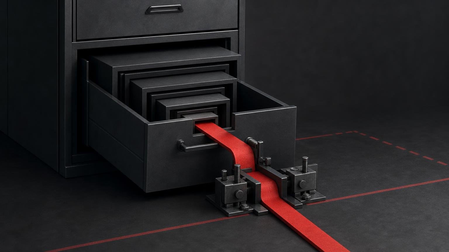 Symbolbild: Ein dunkelgrauer Aktenschrank mit verschachtelten Schubladen, aus dessen Begrenzung ein schmaler roter Dateipfad herausführt und von neuen Sperren eingefasst wird.