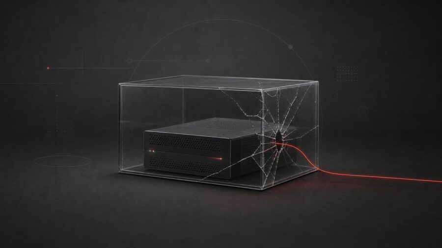 Symbolbild: Eine gerissene transparente Schutzbox um ein Server-Gateway lässt eine schmale rote Befehlslinie nach außen dringen.