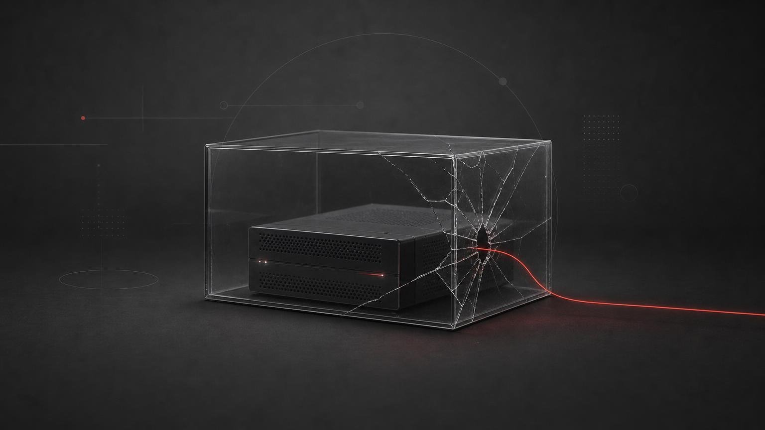 Symbolbild: Eine gerissene transparente Schutzbox um ein Server-Gateway lässt eine schmale rote Befehlslinie nach außen dringen.