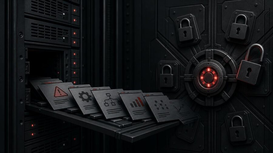 Symbolbild: Eine offene Auftragsöffnung führt automatisierte Befehle in einen dunklen Serverschrank; einzelne Elemente sind in Signalrot markiert.