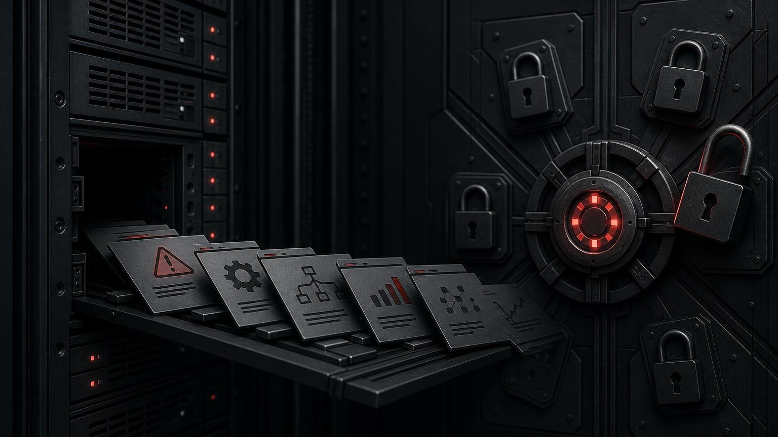 Symbolbild: Eine offene Auftragsöffnung führt automatisierte Befehle in einen dunklen Serverschrank; einzelne Elemente sind in Signalrot markiert.