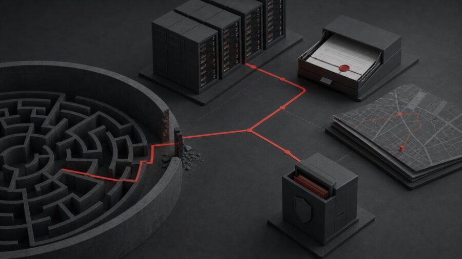 Symbolbild: Ein roter digitaler Pfad verlässt eine abgeschlossene Testumgebung und erreicht abstrakt dargestellte Server, Behördenformulare und eine polizeiliche Eingangsstelle.